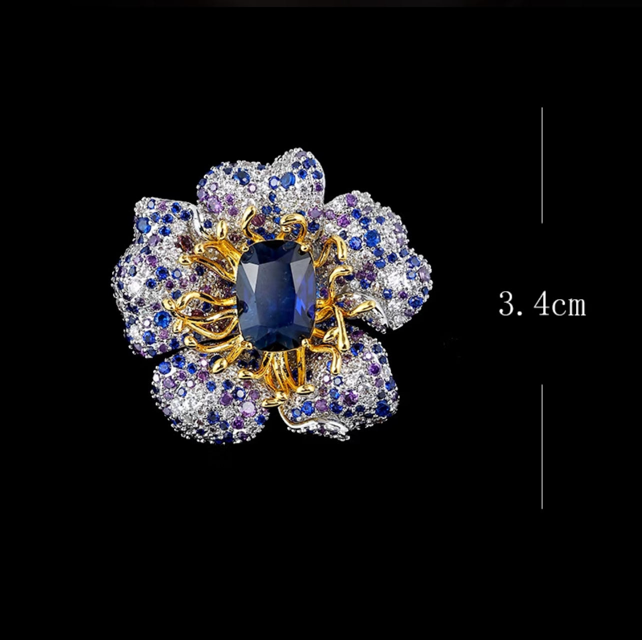 Elegant Blue and Gold Flower Floral Brooch