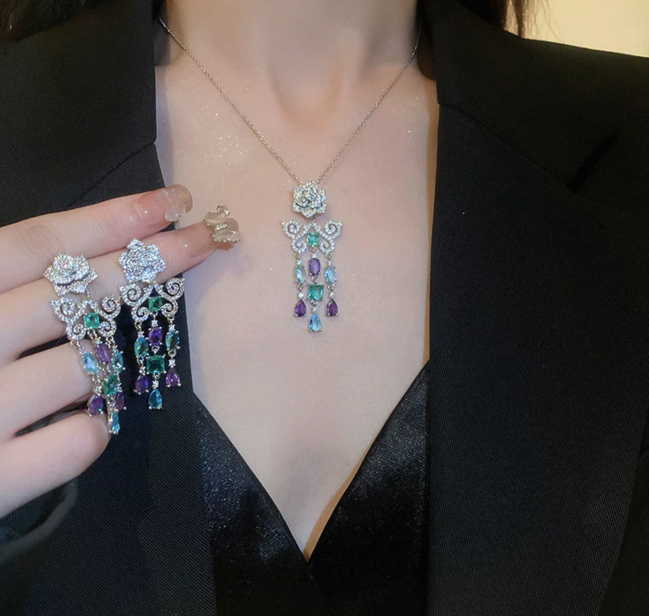 Rose butterfly pendant and chandeliers earring