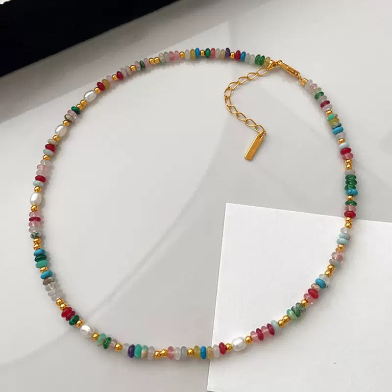 Rainbow color natural gem stones freshwater pearl necklace