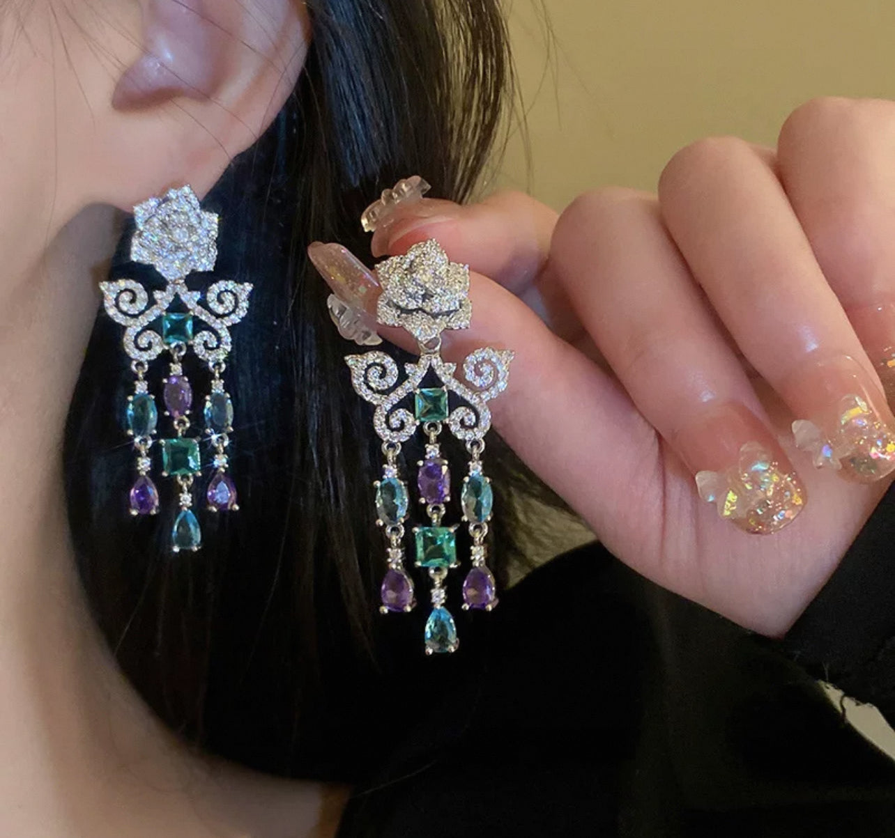 Rose butterfly pendant and chandeliers earring