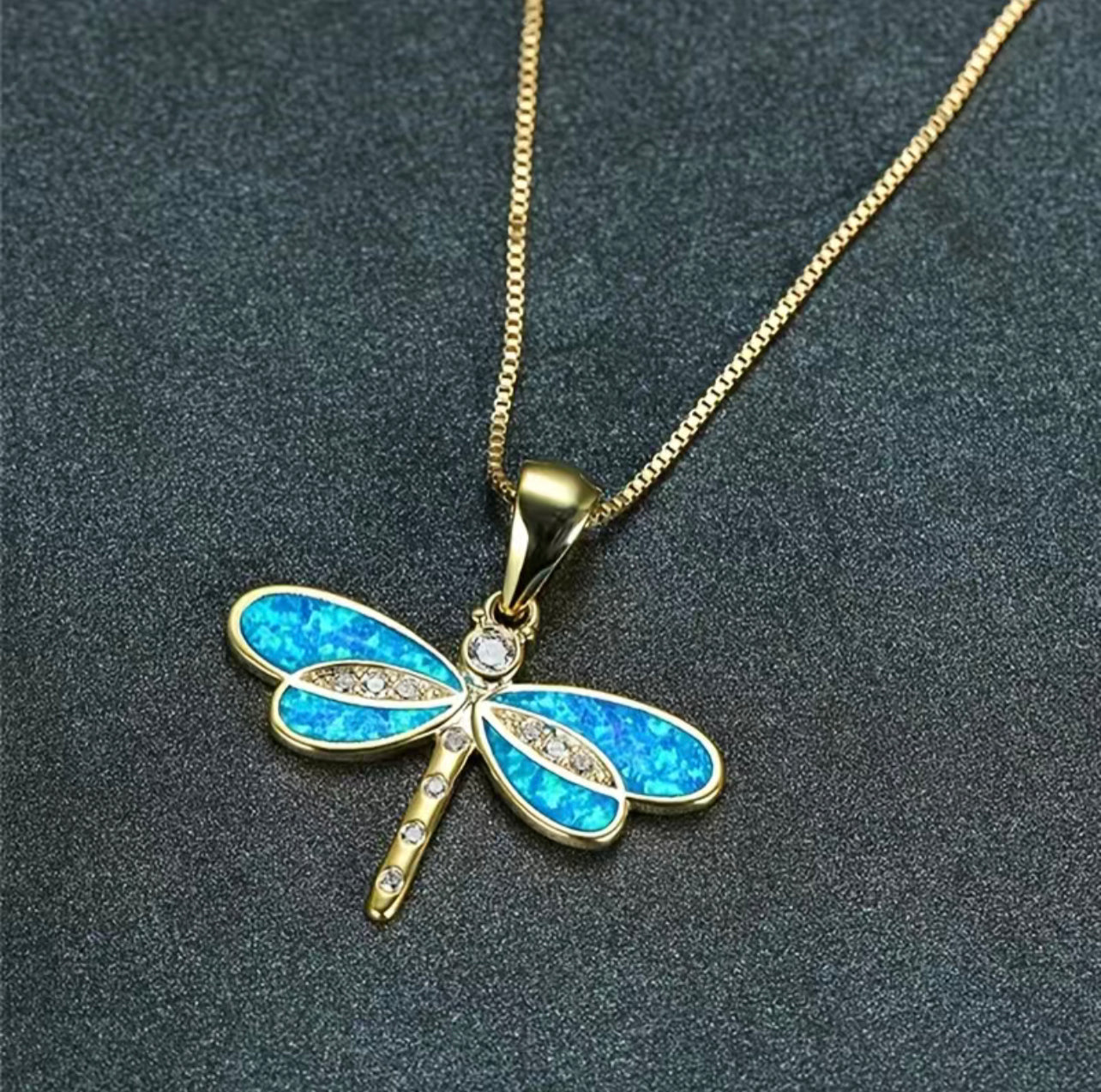 Enamel gold plated dragonfly necklace with box chain .