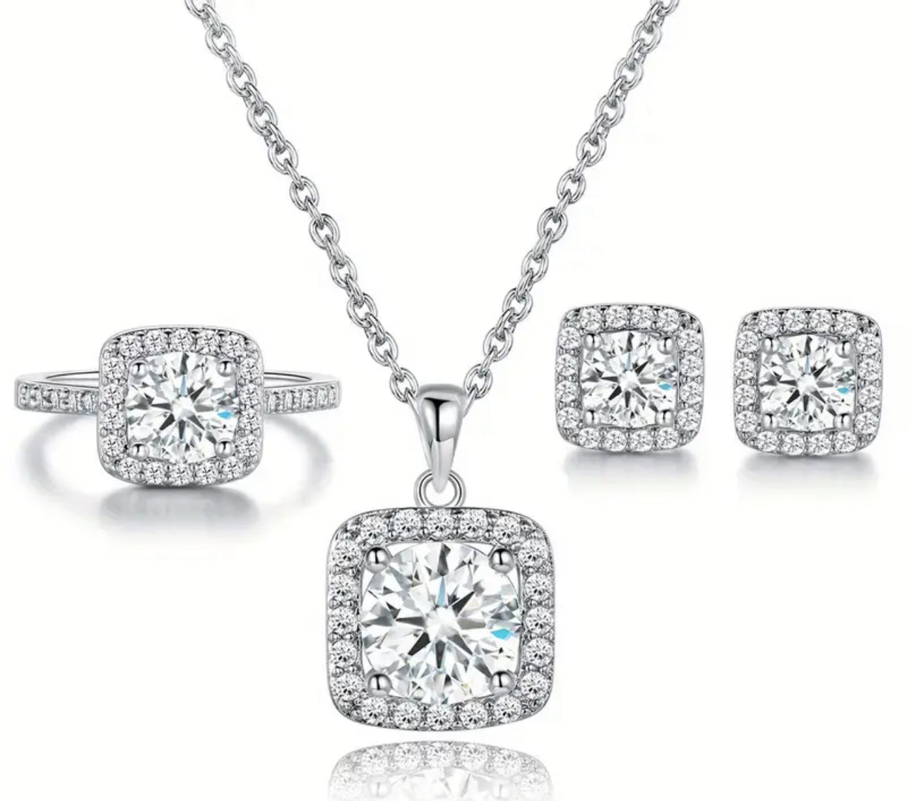 Classic cubic zirconia square shape pendant , ring , earring set