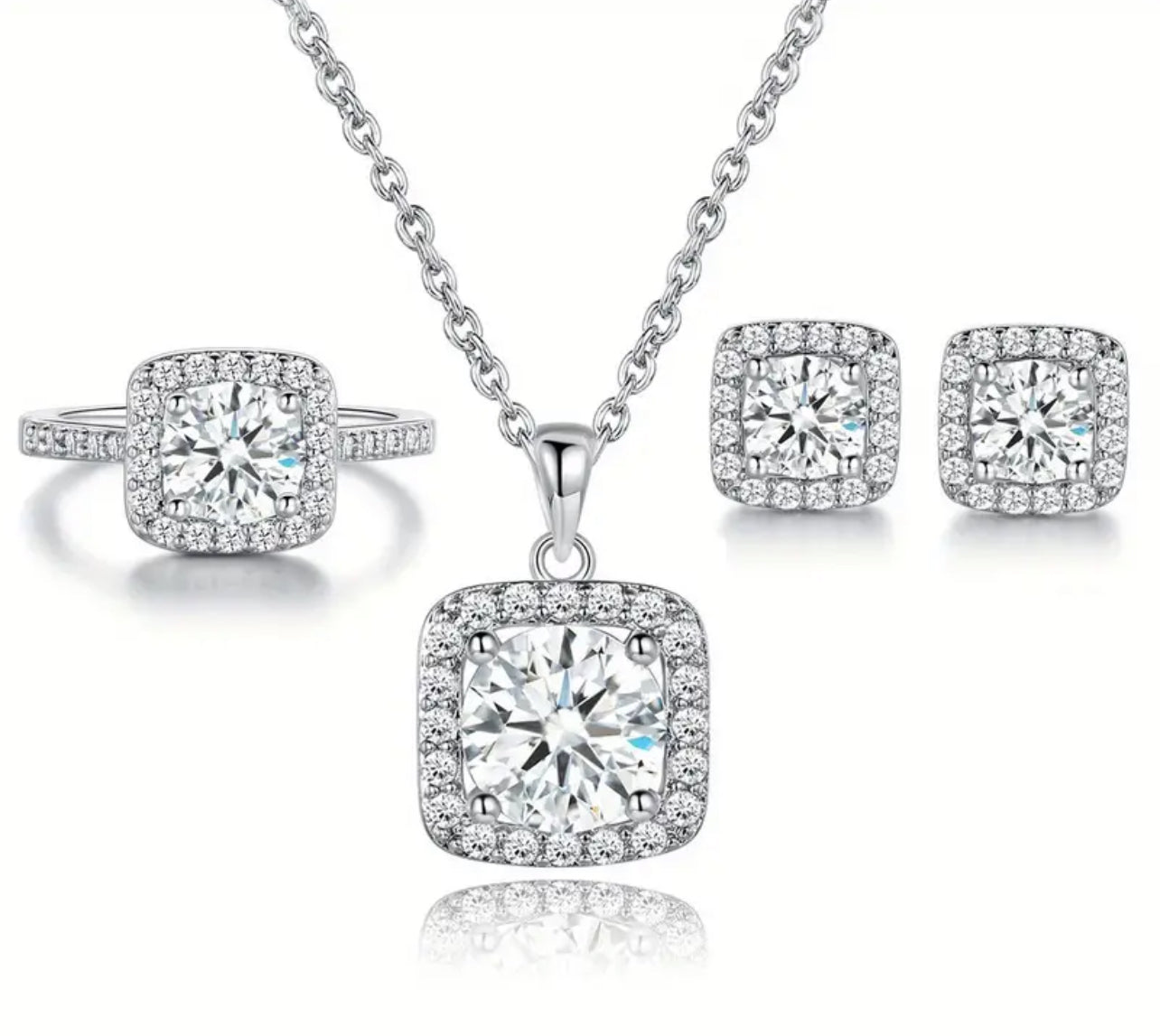 Classic cubic zirconia square shape pendant , ring , earring set