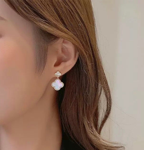 Mother of Pearl Four leave clover drop earrings plated with 14karat gold
