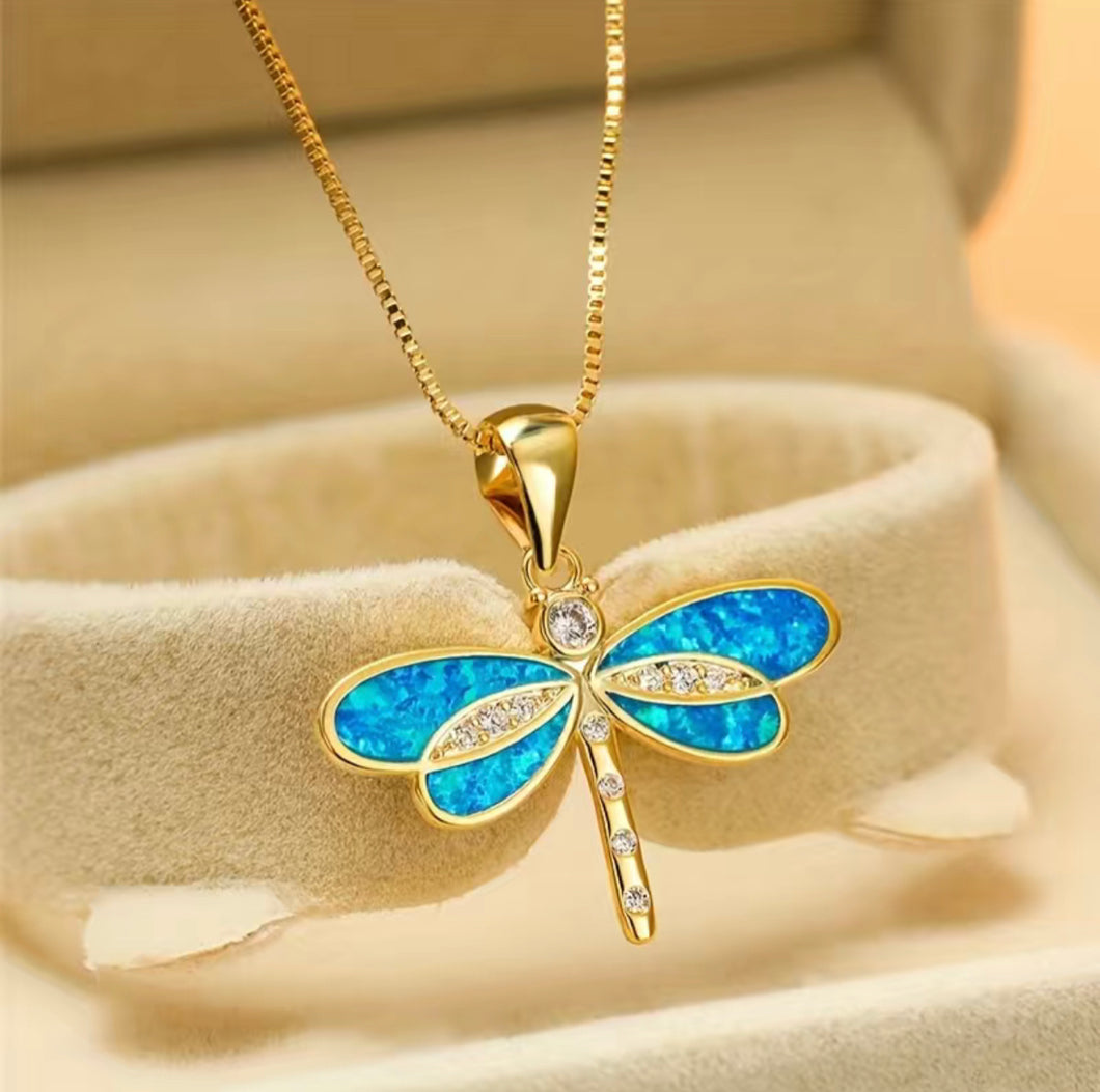 Enamel gold plated dragonfly necklace with box chain .
