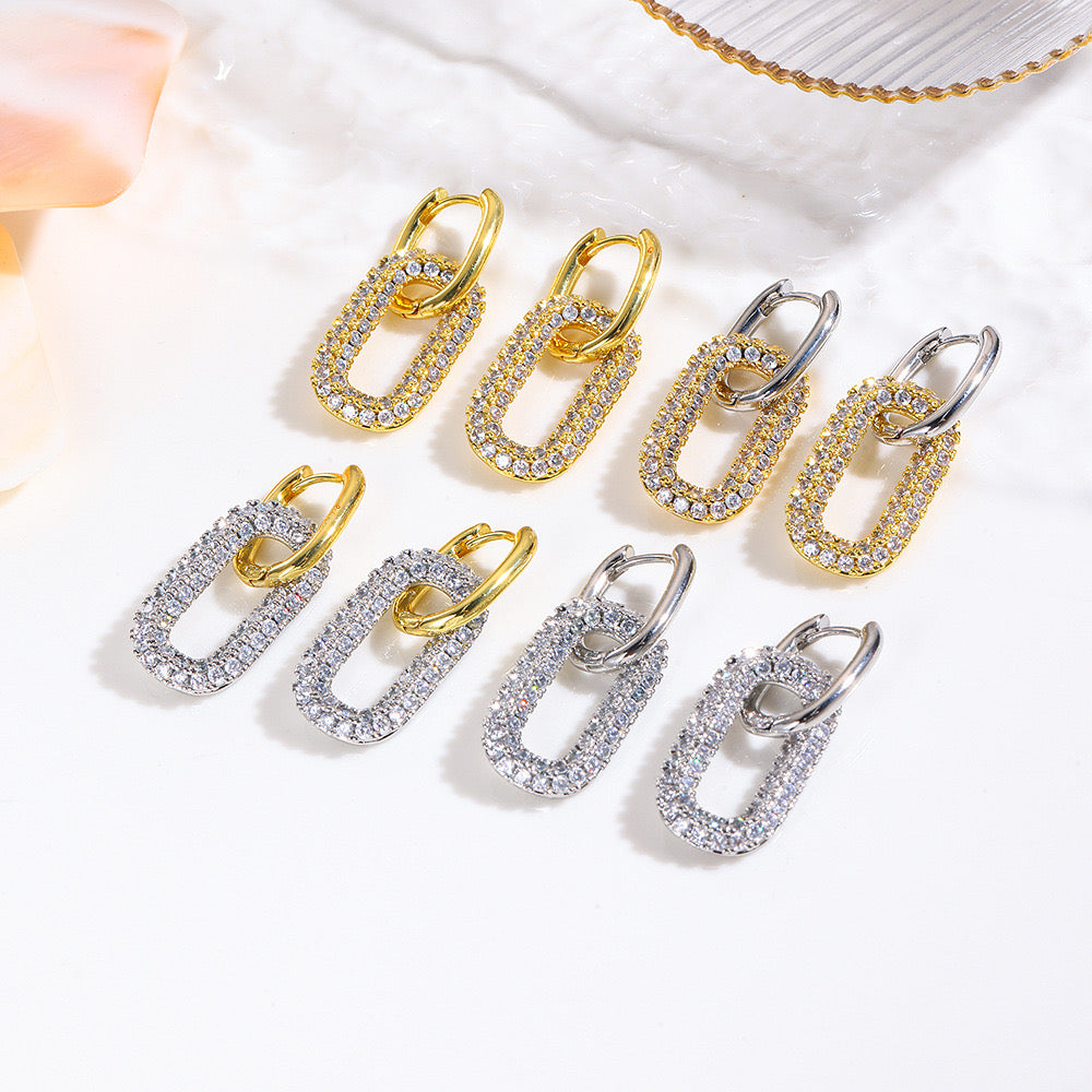 Gold plated paper clip earring hoops with pave cubic zirconia earrings