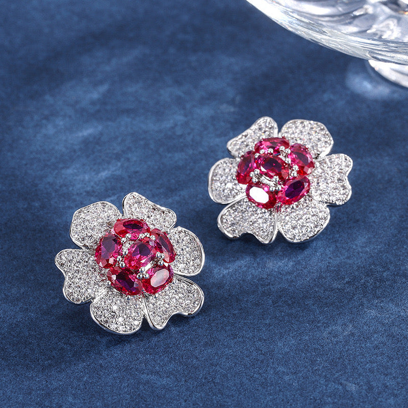 Synthetic Ruby flower earring 18k gold plated