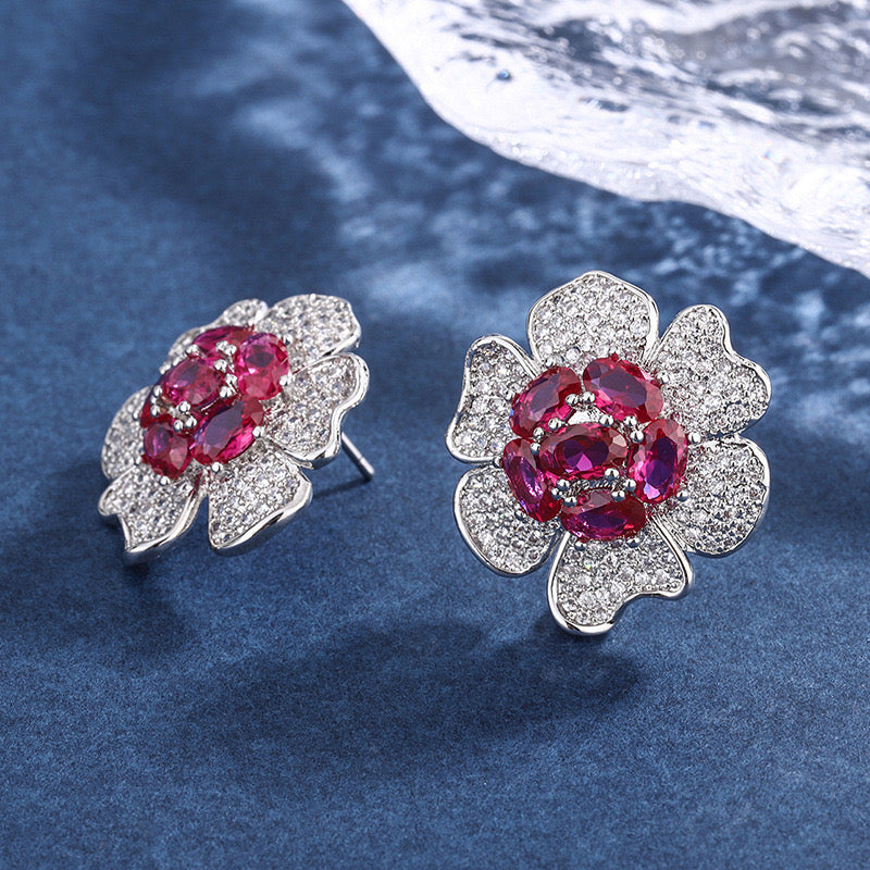 Synthetic Ruby flower earring 18k gold plated