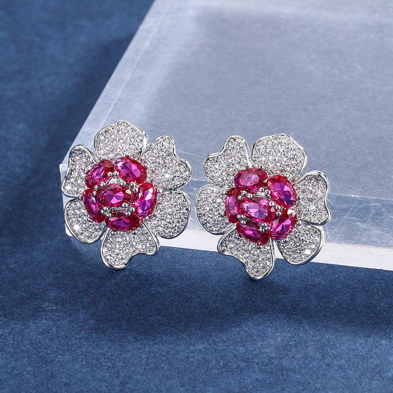 Synthetic Ruby flower earring 18k gold plated