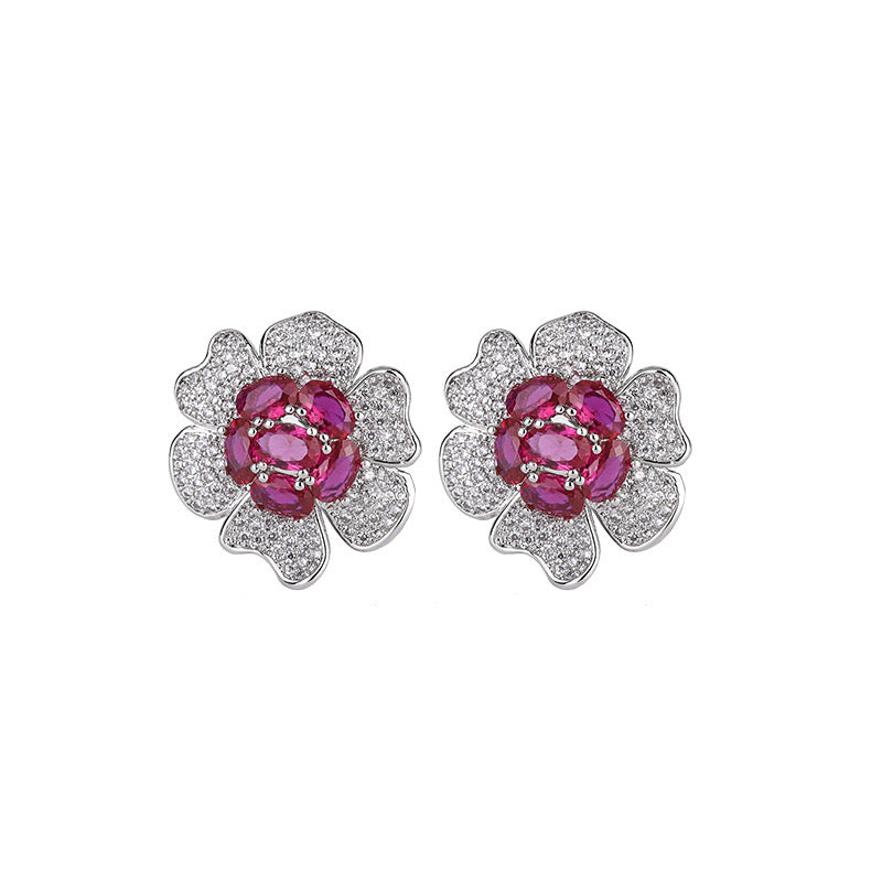 Synthetic Ruby flower earring 18k gold plated