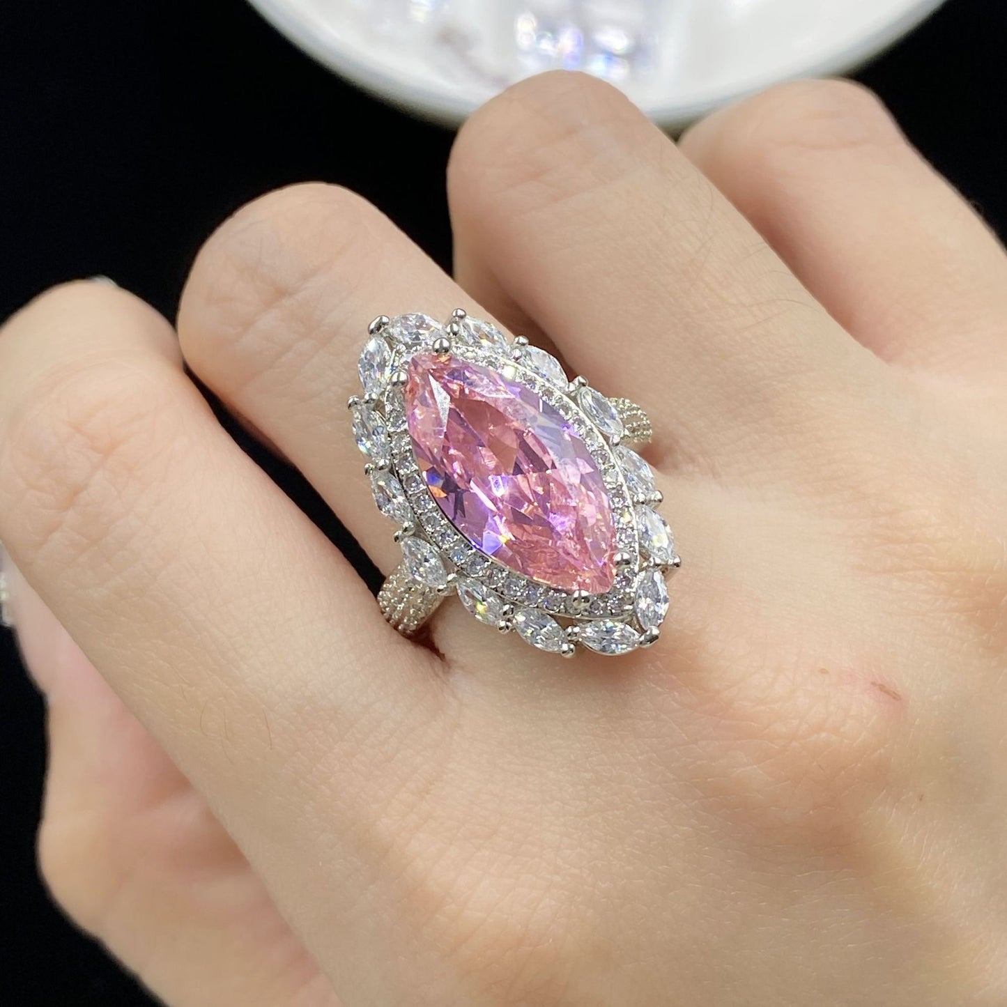 Pink marquise cubic zirconia 18k gold plated ring