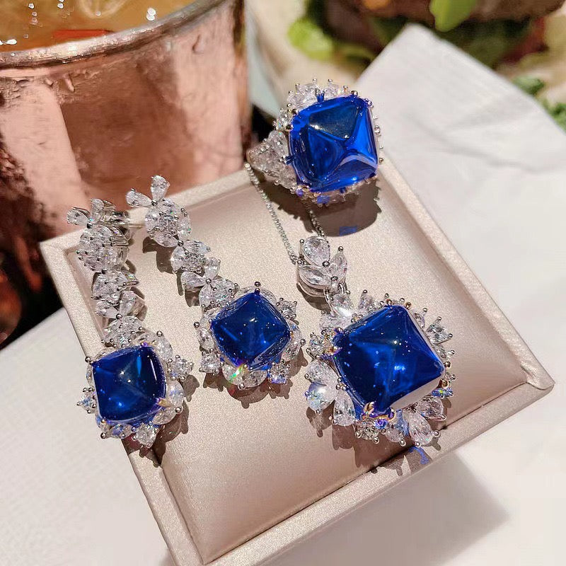 Blue crystal cubic zirconia ring , earring , pendant set