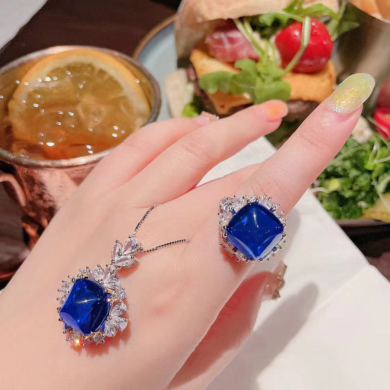 Blue crystal cubic zirconia ring , earring , pendant set