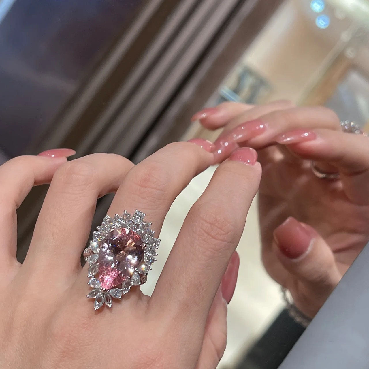 Tear drop pink cubic zirconia white gold plated ring