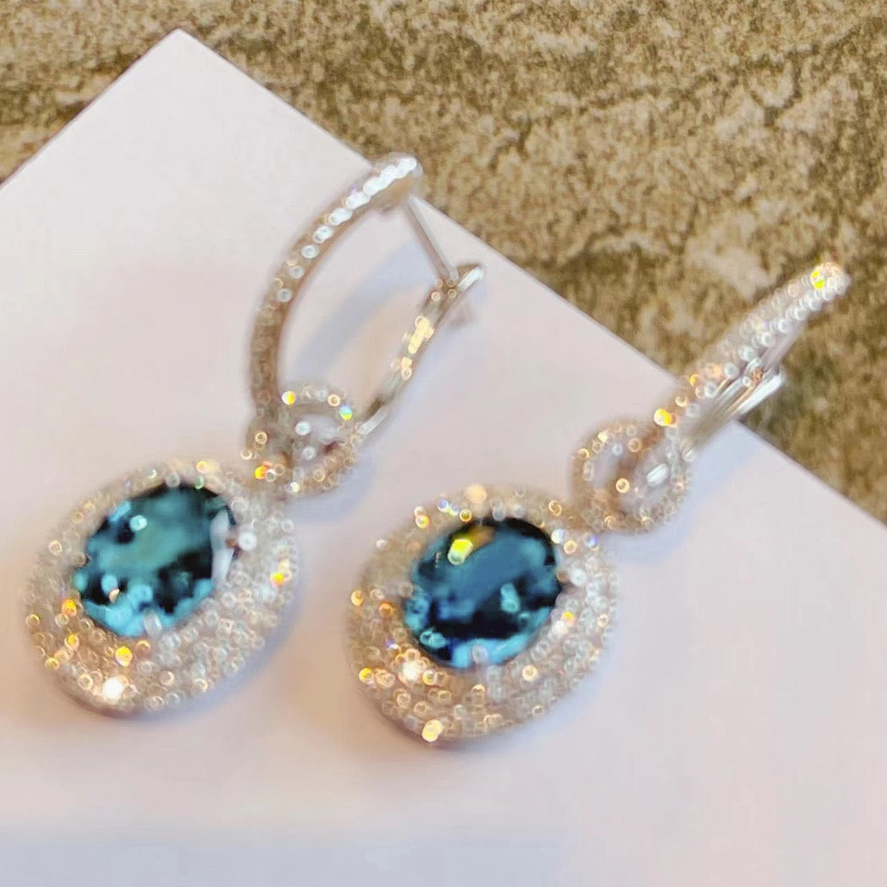 Double halo blue crystal cubic zirconia triple wear earring, earring jacket and pendant