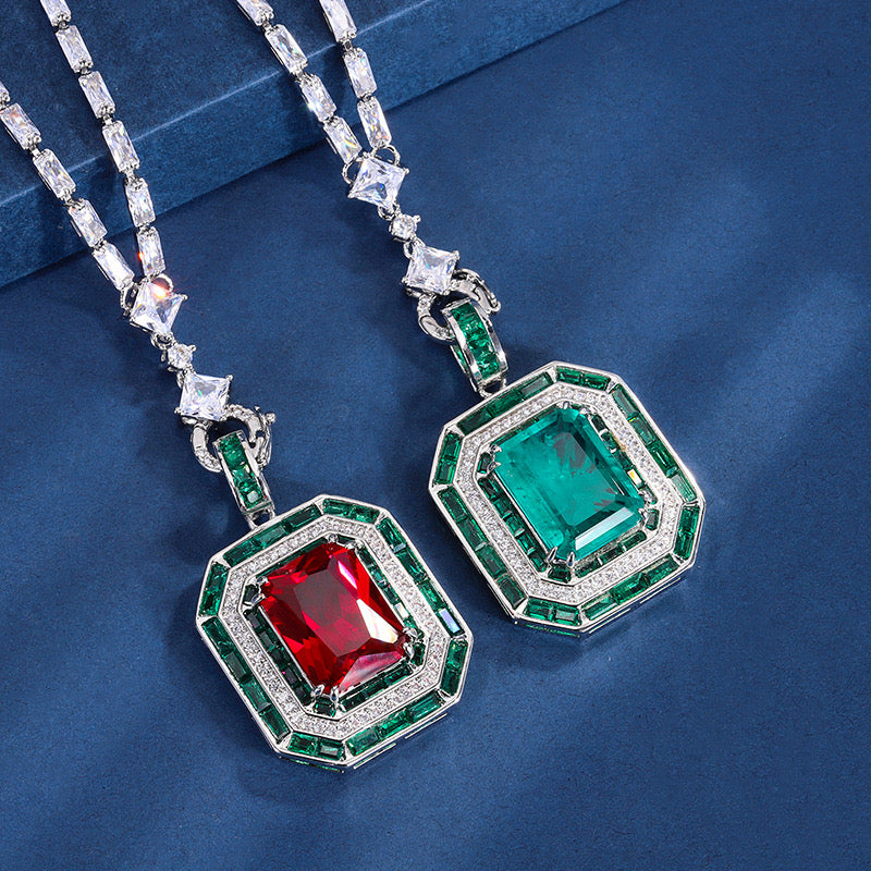 Imitation Ruby and emerald pendant with wheat style chain