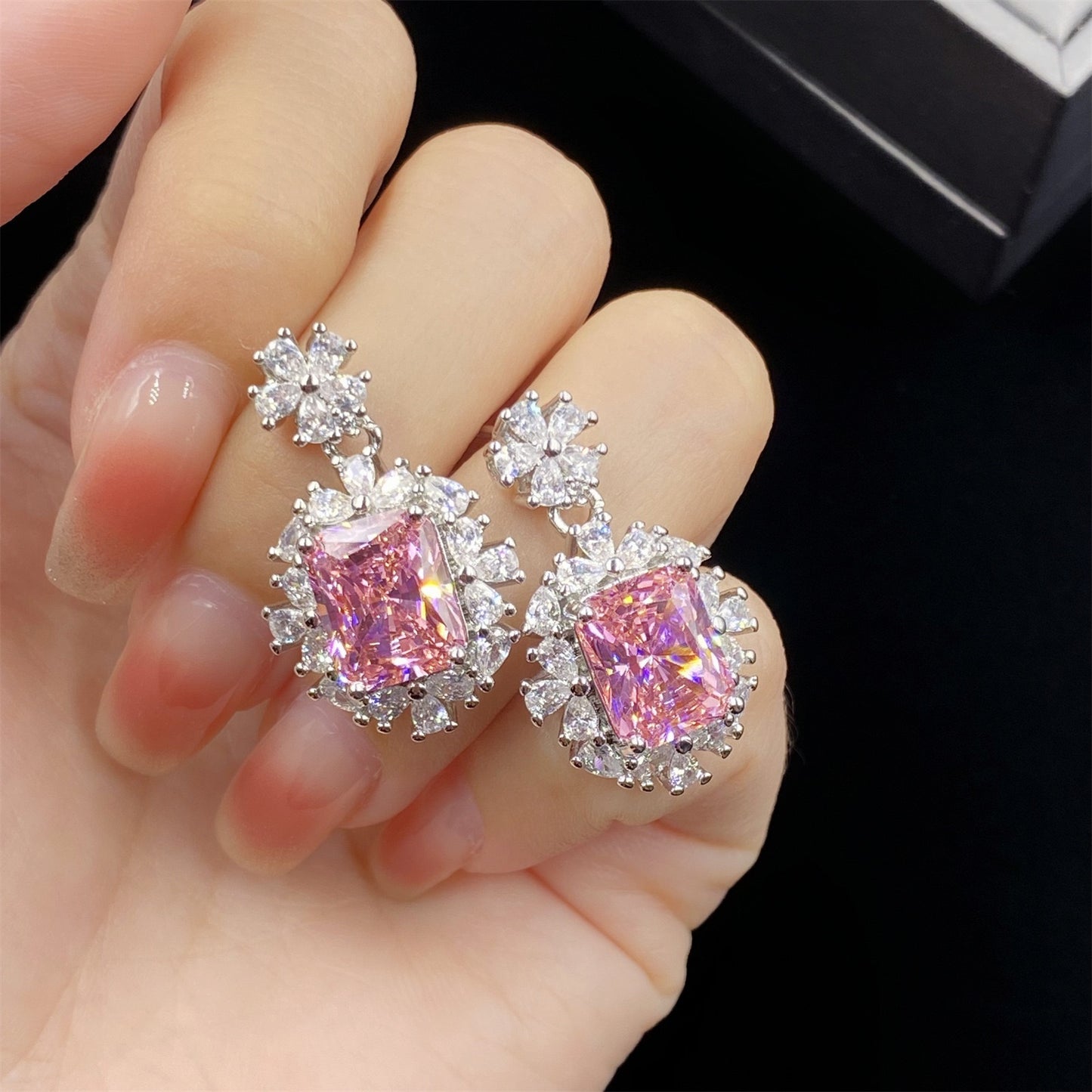 Pink ice cubic zirconia rhodium plated earrings