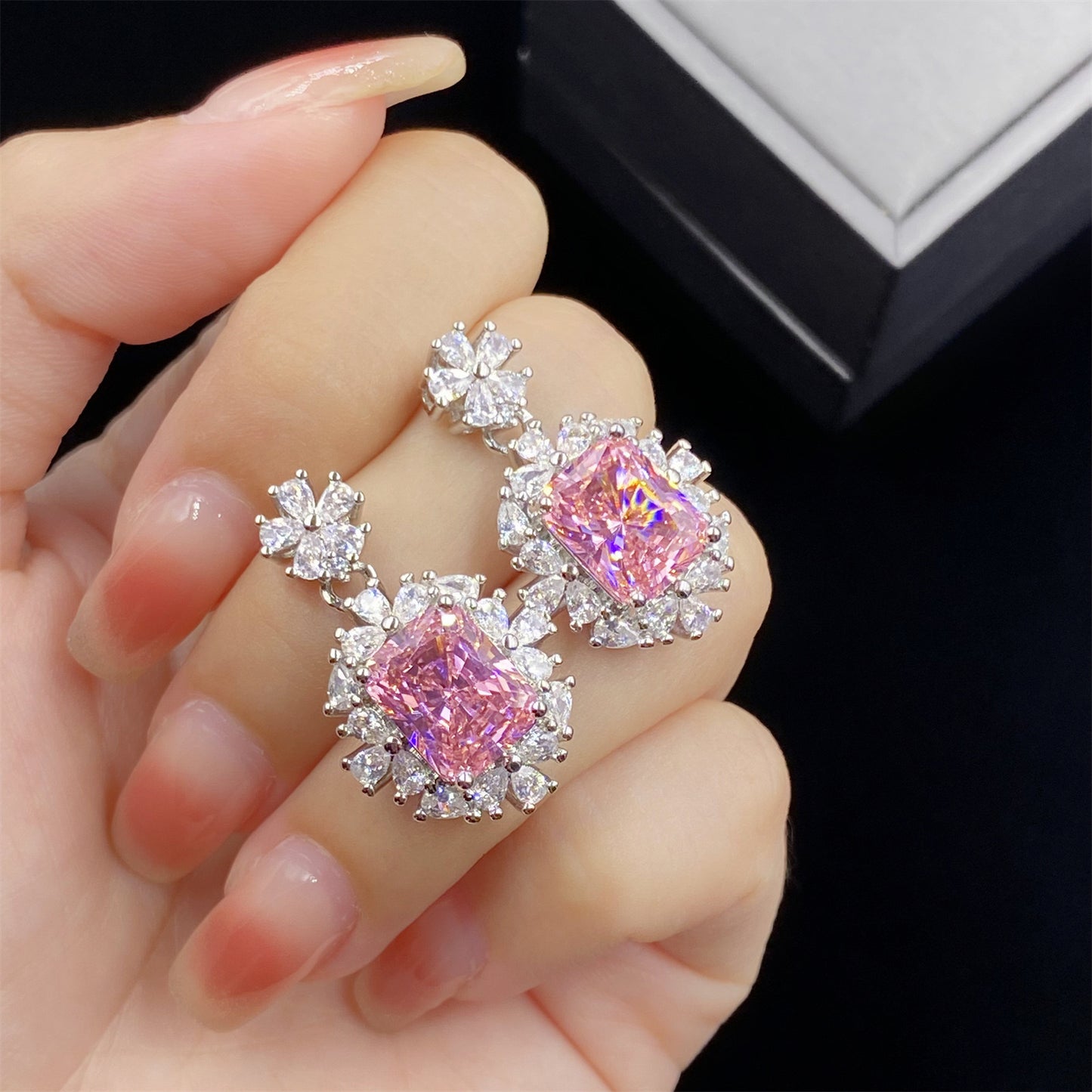 Pink ice cubic zirconia rhodium plated earrings