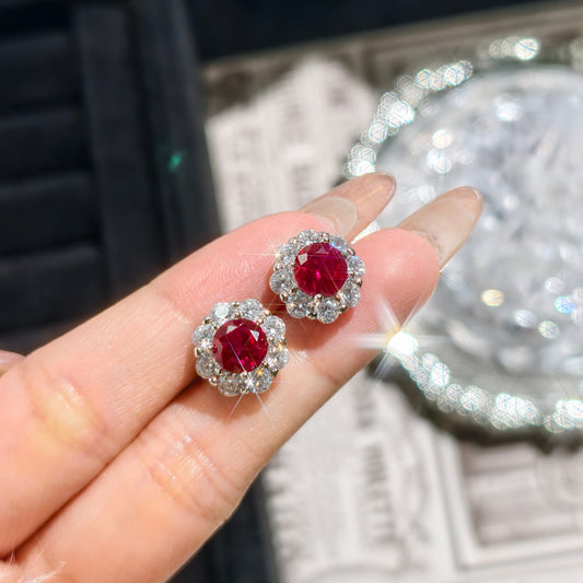 1 carat round synthetic Ruby halo stud with cubic zirconia
