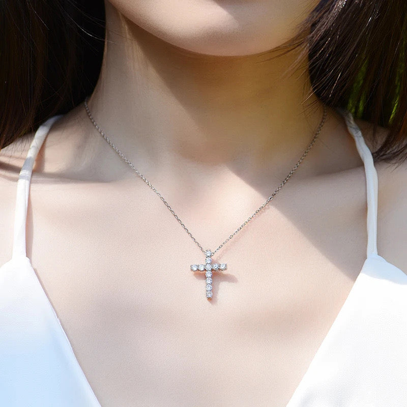 Sterling silver moissanite cross with chain
