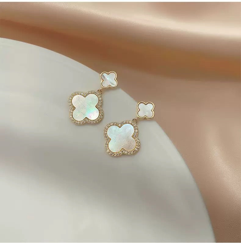 Mother of Pearl Four leave clover drop earrings plated with 14karat gold