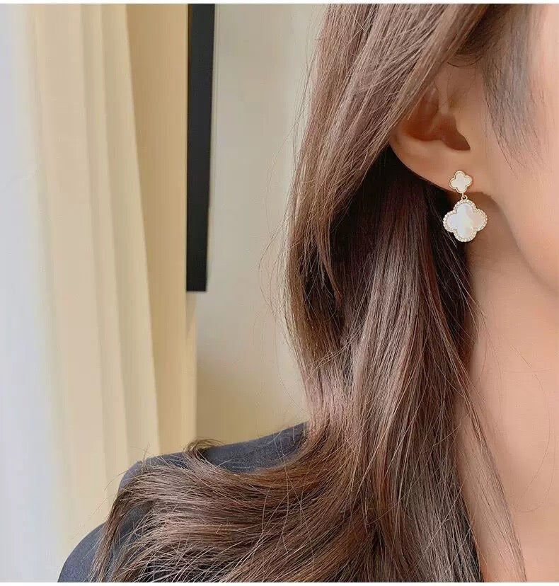 Mother of Pearl Four leave clover drop earrings plated with 14karat gold