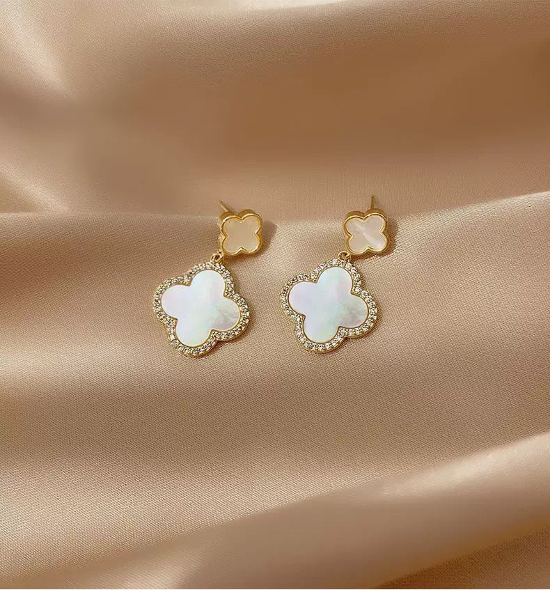 Mother of Pearl Four leave clover drop earrings plated with 14karat gold