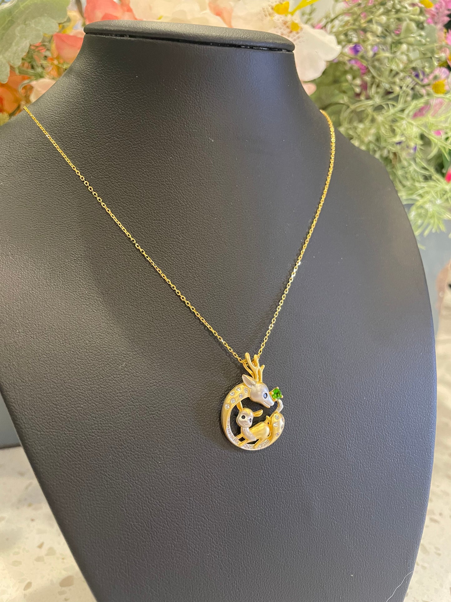 Garnet Deer & Bambi duo Pendant necklace, Cute Animal Gemstone Necklace