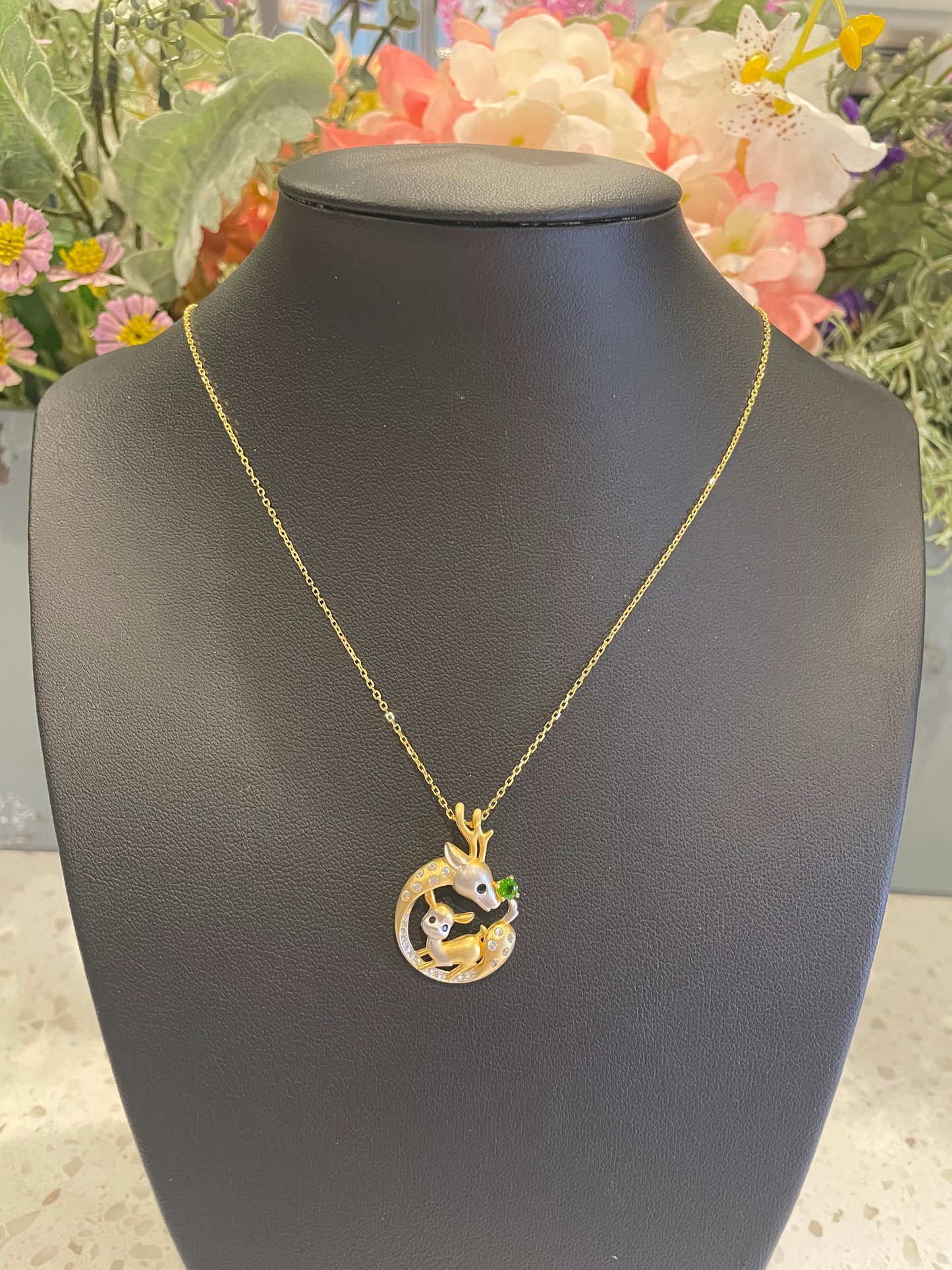 Garnet Deer & Bambi duo Pendant necklace, Cute Animal Gemstone Necklace