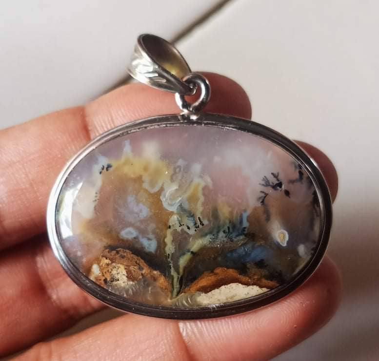 Unique oval natural Dendrite Chalcedony Agate pendant