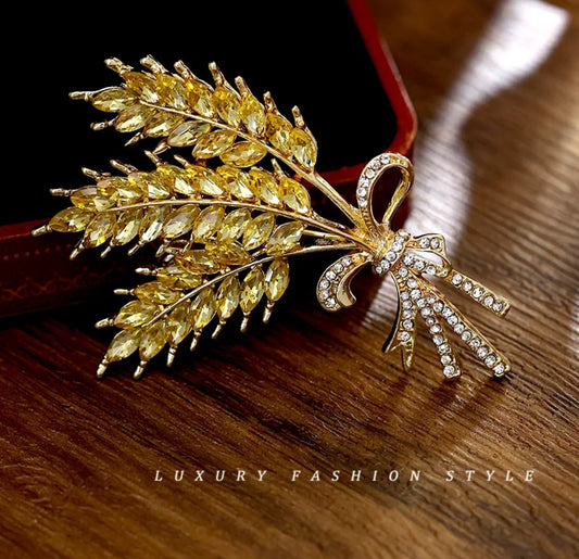 Gold Wheat Brooch with Rhinestones