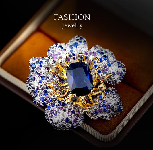 Elegant Blue and Gold Flower Floral Brooch