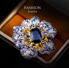 Load image into Gallery viewer, Elegant Blue and Gold Flower Floral Brooch
