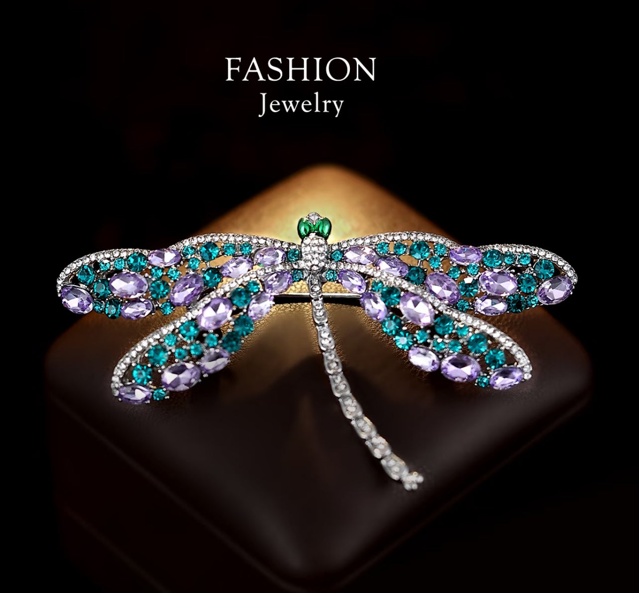 Elegant Dragonfly Brooch with Purple and Green Crystals