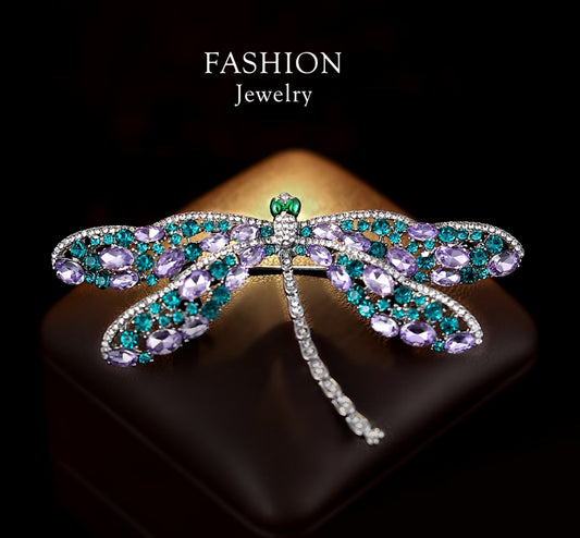 Elegant Dragonfly Brooch with Purple and Green Crystals
