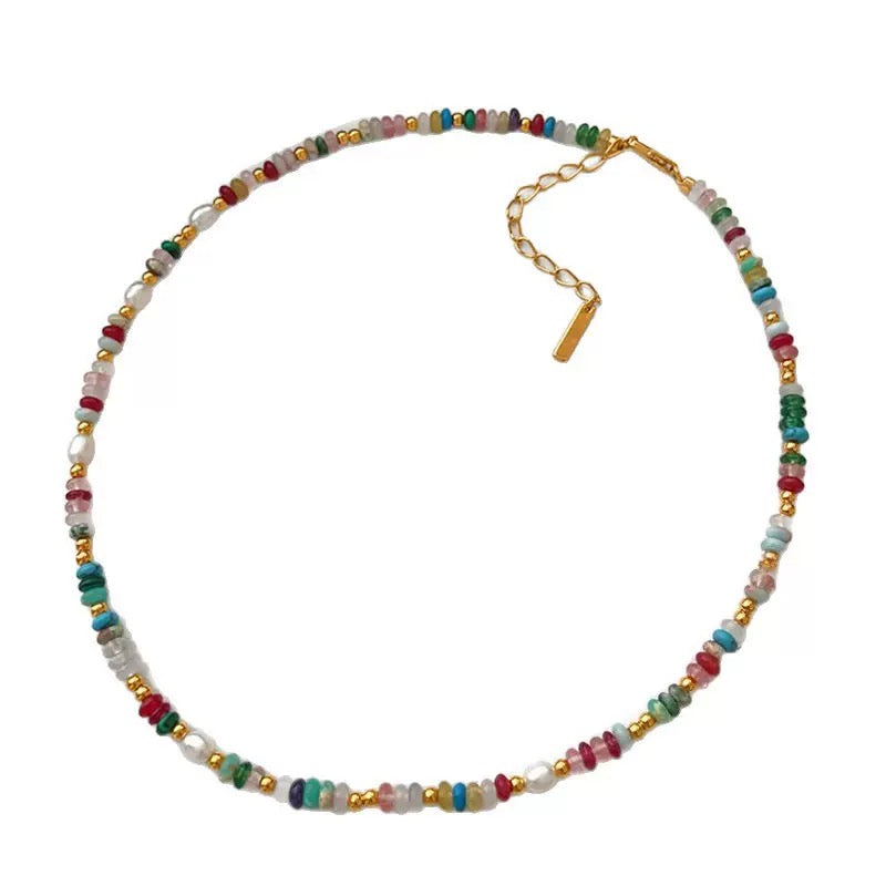 Rainbow color natural gem stones freshwater pearl necklace