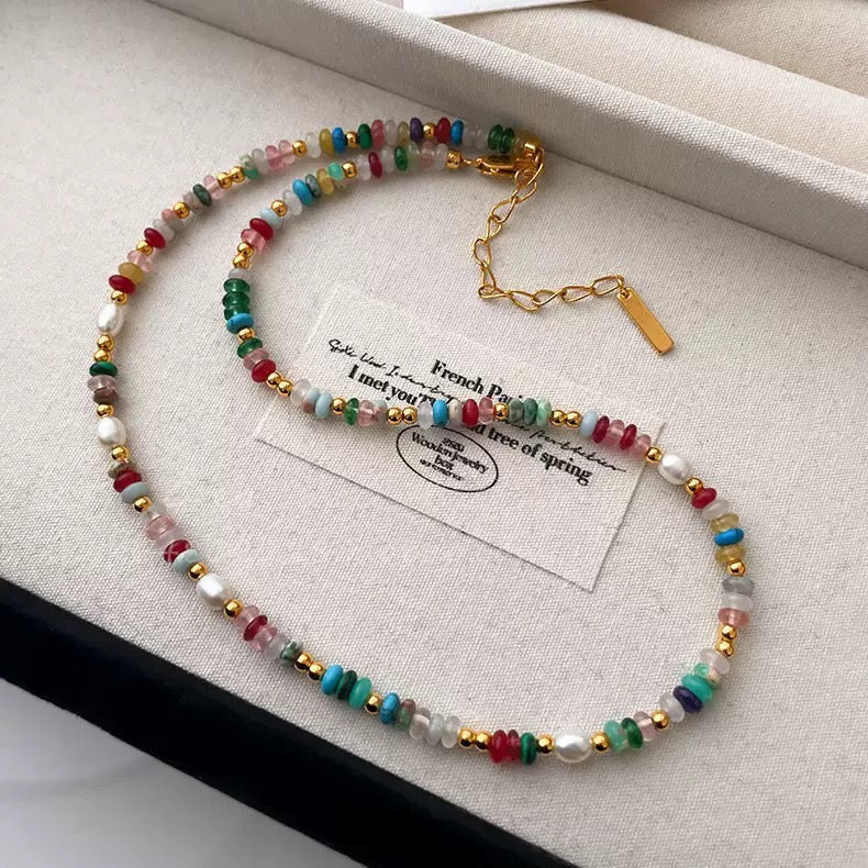 Rainbow color natural gem stones freshwater pearl necklace
