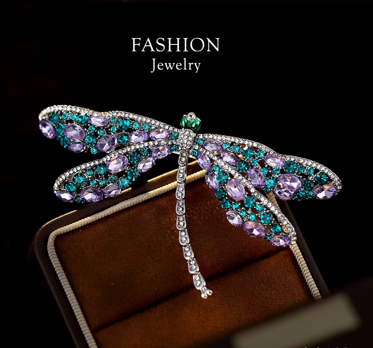 Elegant Dragonfly Brooch with Purple and Green Crystals