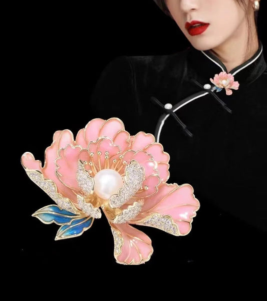 Elegant Pink Floral Brooch with Pearl