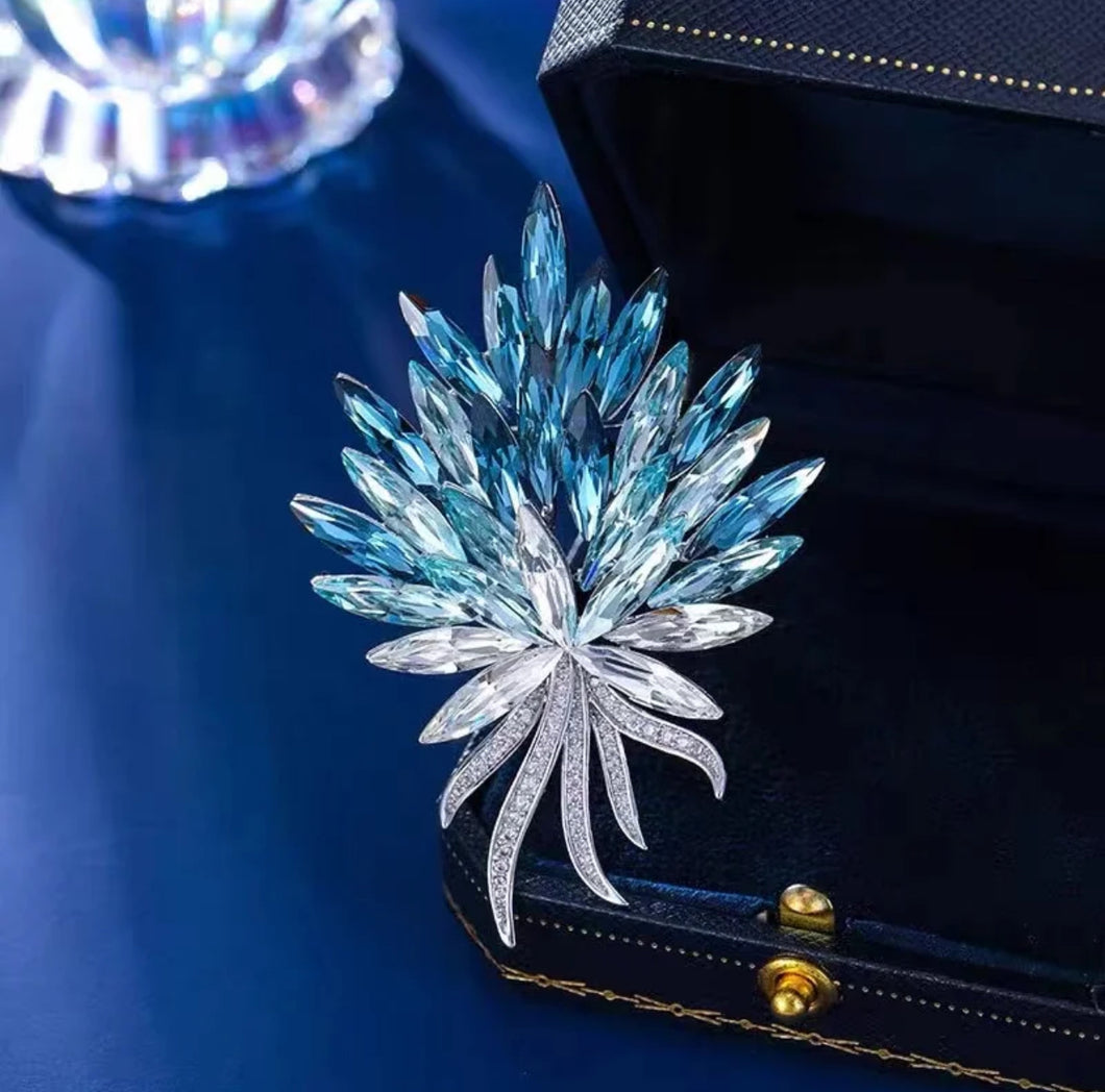 Elegant Blue and Silver Crystal Brooch