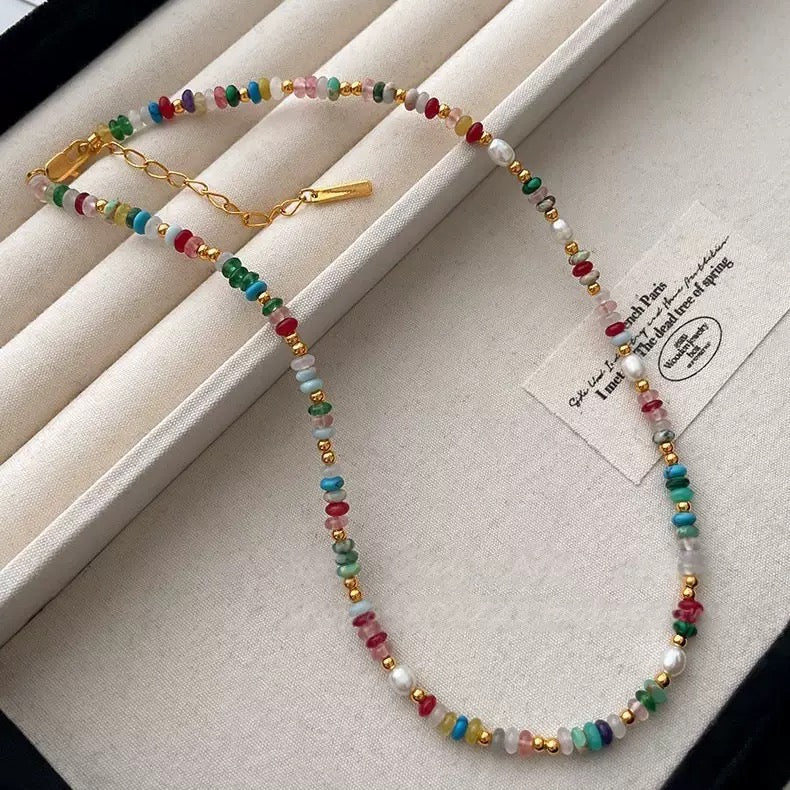 Rainbow color natural gem stones freshwater pearl necklace