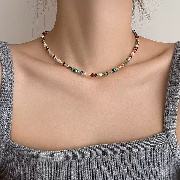 Rainbow color natural gem stones freshwater pearl necklace