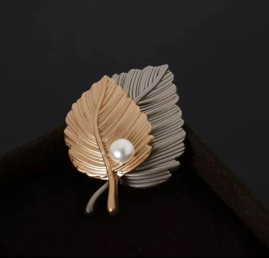 Elegant Gold and Silver Leaf Brooch with Pearl