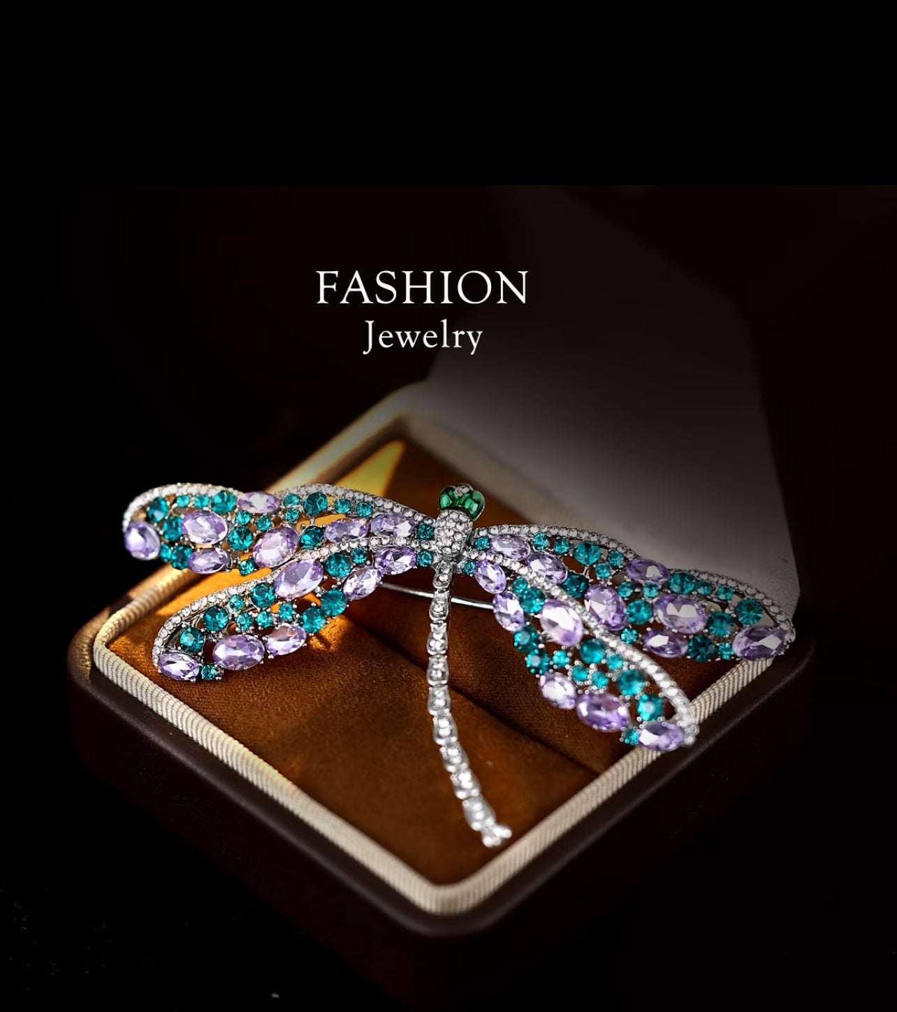 Elegant Dragonfly Brooch with Purple and Green Crystals
