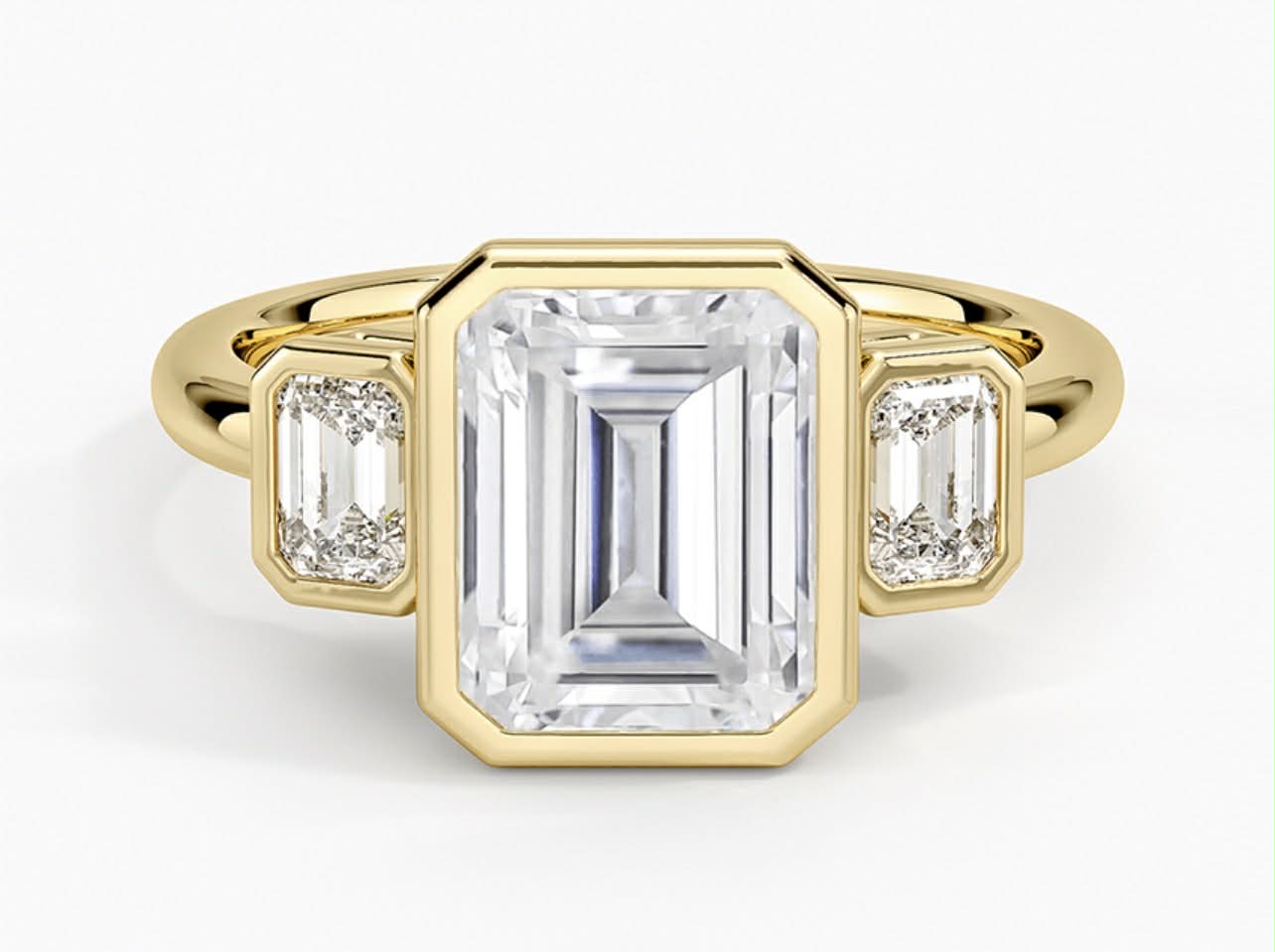 Deposit on custom make three stone lab grown ring with bezel set in 14k yellow gold