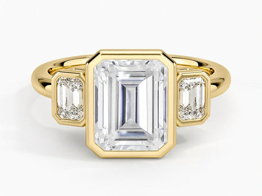Deposit on custom make three stone lab grown ring with bezel set in 14k yellow gold
