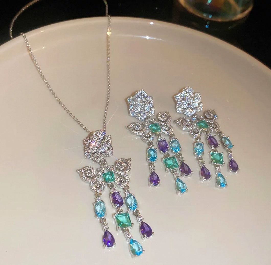 Rose butterfly pendant and chandeliers earring
