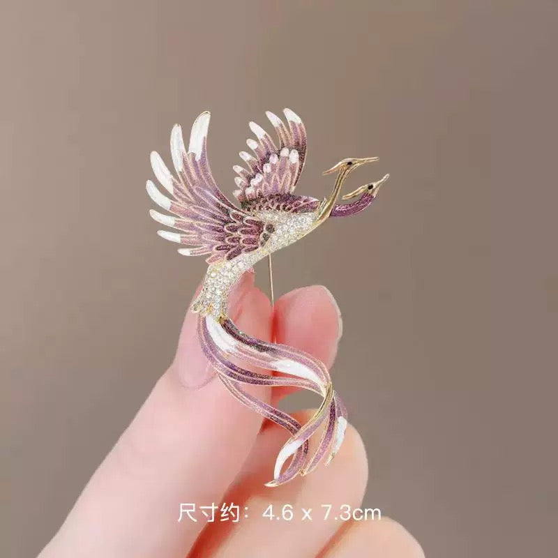 Elegant Chinese Fenghuang Phoenix Brooch in Purple Enamel with Crystals