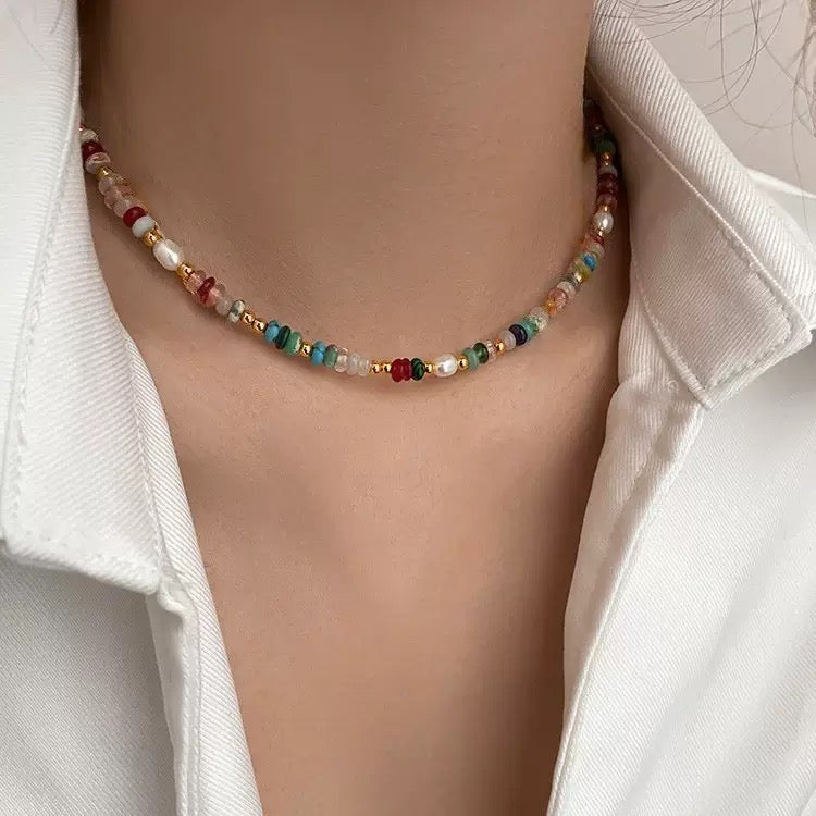 Rainbow color natural gem stones freshwater pearl necklace