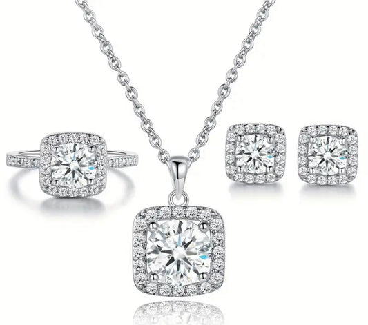 Classic cubic zirconia square shape pendant , ring , earring set